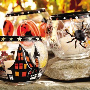 SALE 3 XL glass Halloween Candleholders glitter Pumpkin, Spider, Haunted House
